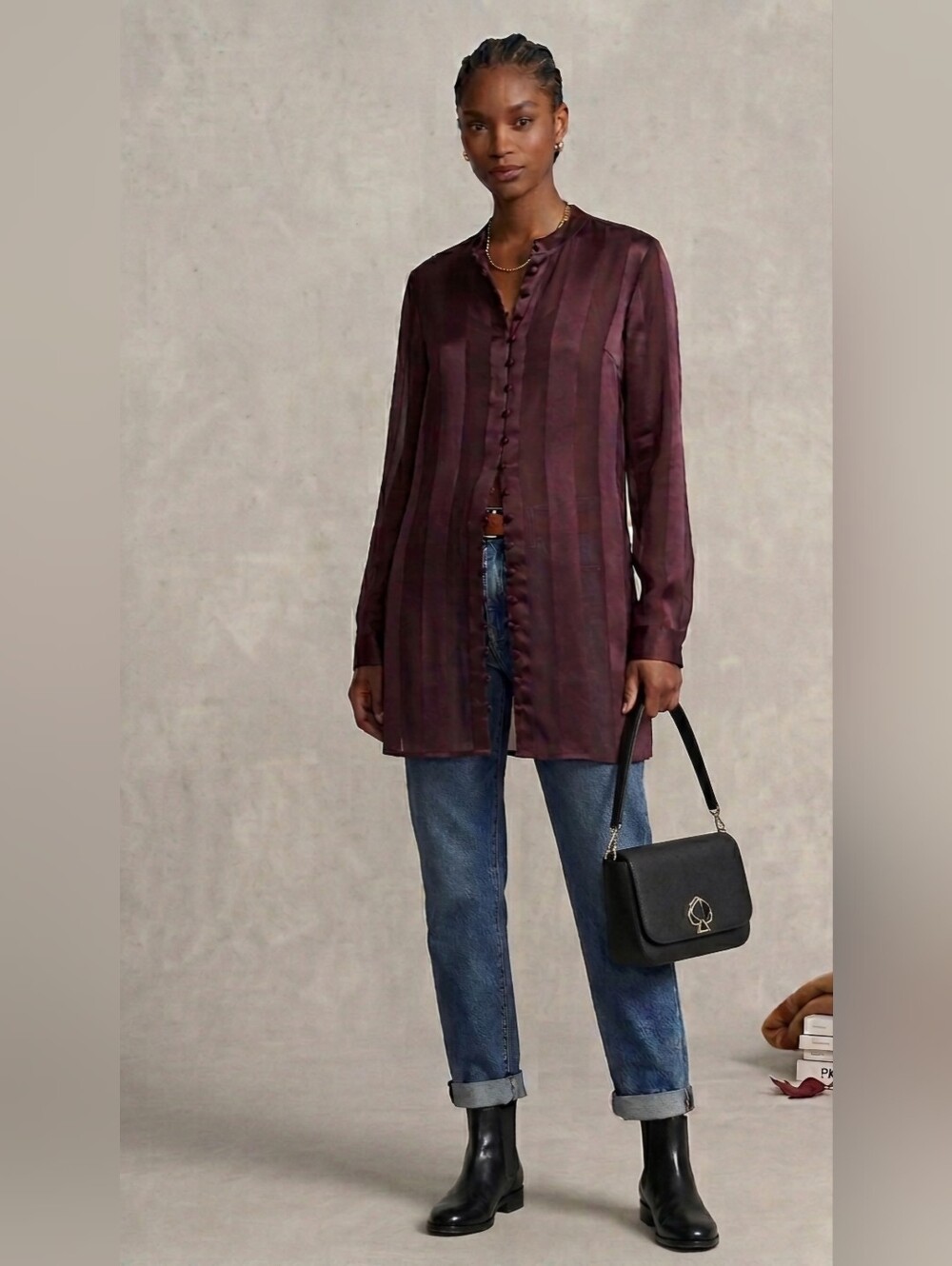Vintage 100% Silk Jeanne Booher  Striped Tunic Duster Burgundy Plum M/10